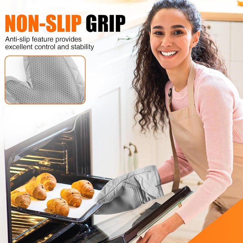 HSEEC Silicone Oven Mitts, Heat Resistant 2PCS Oven Mitts with Soft Cotton Lining, Waterproof Non-Slip Grip Oven Glove, Kitchen Potholder Mits for BBQ, Baking, Cooking, 10.5Inch - Dark Grey - Image 5